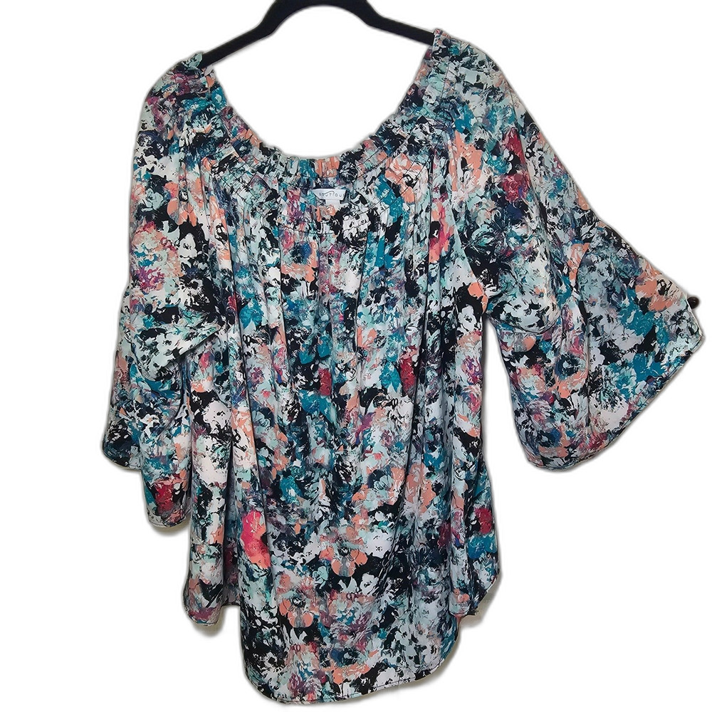 Women's Boutique Off Shoulder Multicolor Flowy 3/4 Sleeve Blouse 2X